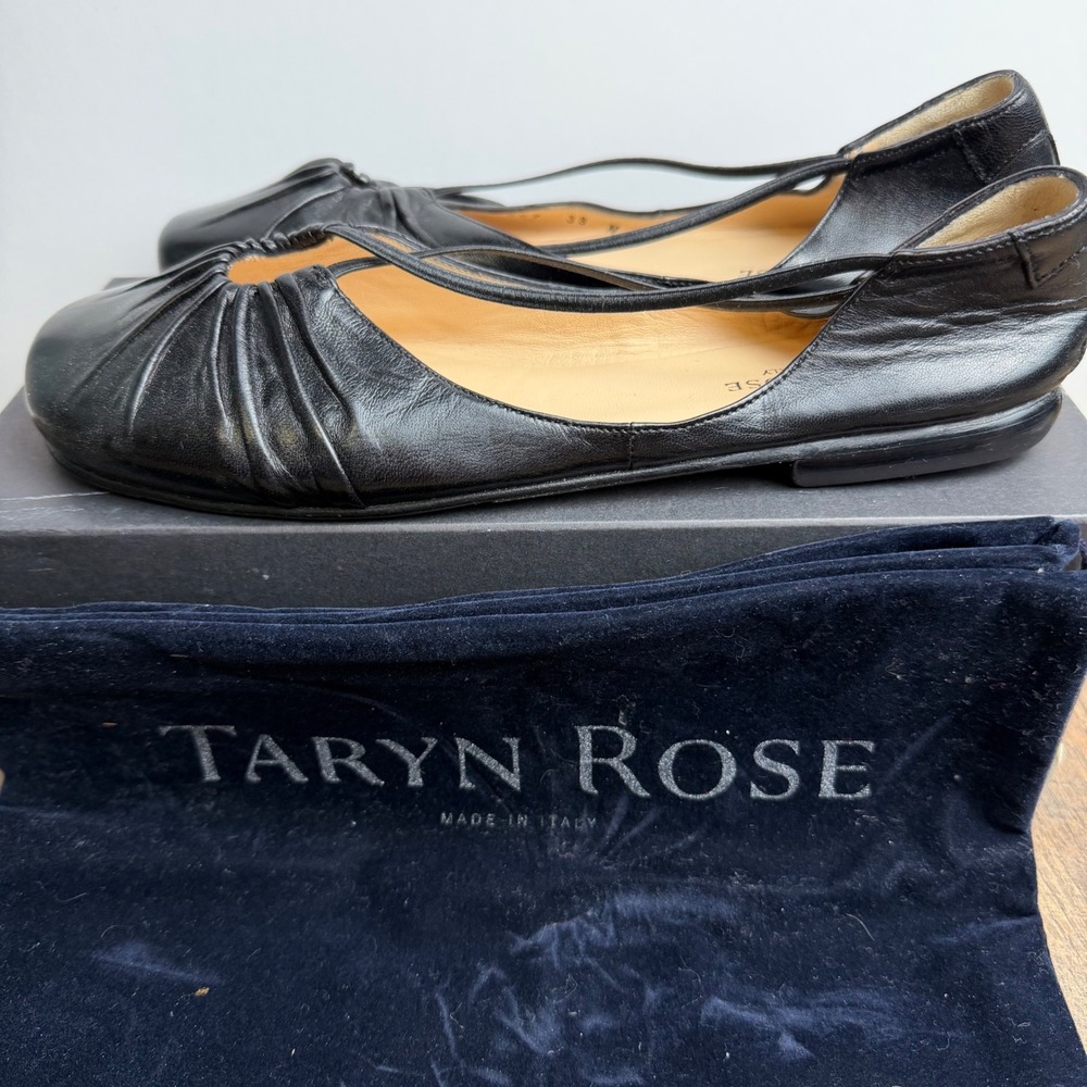 Taryn Rose Bijou Nappa Leather Pleated Ballet Flats Shoes Womens Size 38 Black